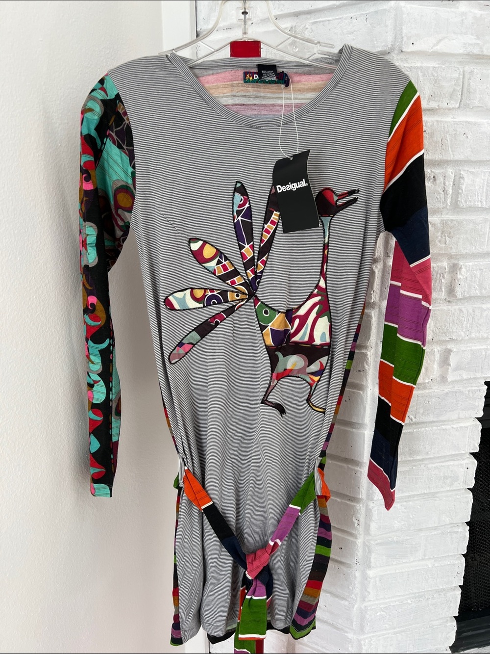 Desigual Gray Striped Tunic with Multicolor Patchwork Bird Design